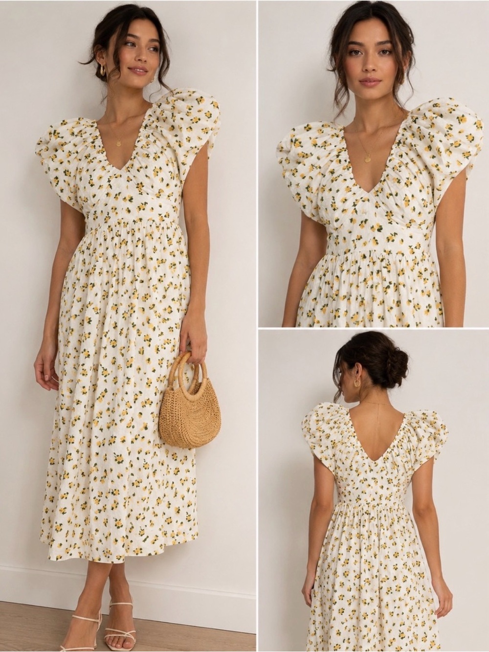 J. Crew V-Neck Puff Sleeve Midi Dress in White with Yellow Floral